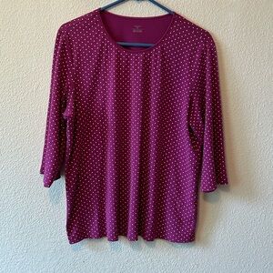 CJ Banks 1X 3/4 Sleeve Pullover Top 100% Cotton Red Crimson Polka Dots E…